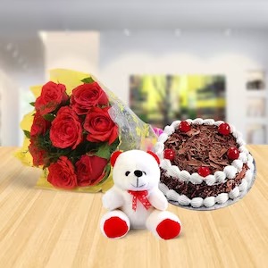 Cake & Red Rose With Teddy
